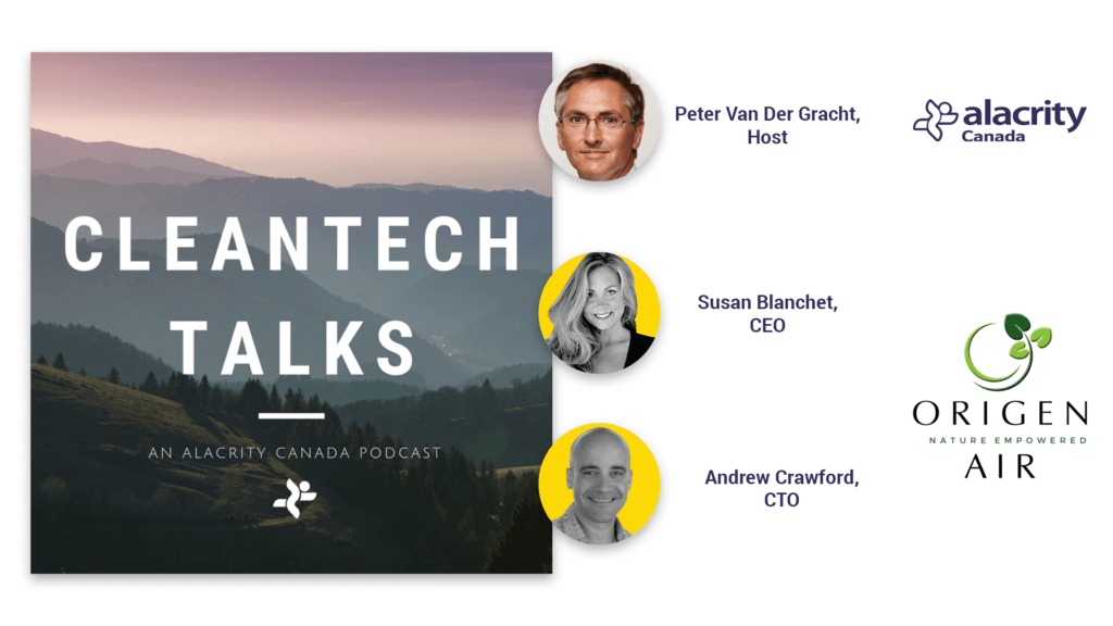 A natural landscape in a square image reads "Cleantech Talks, an Alacrity Canada podcast" and features three photos of the host and guests in this episode.