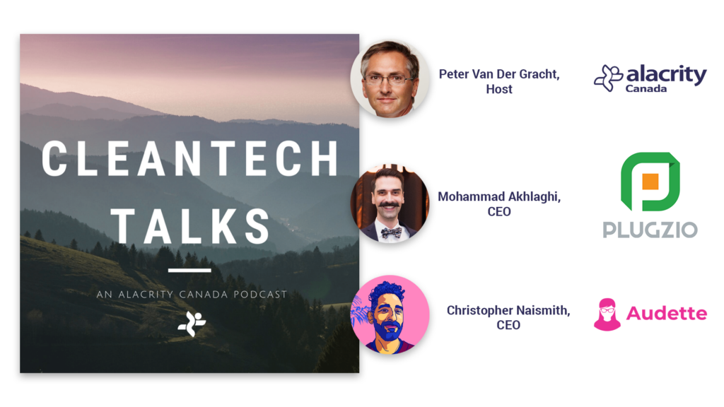 A natural landscape in a square image reads "Cleantech Talks, an Alacrity Canada podcast" and features three photos of the host and guests in this episode.