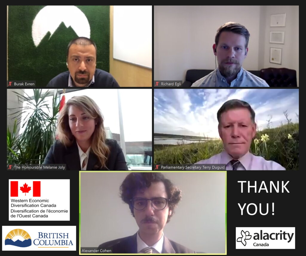 Five video conferencing windows with officials from federal and provincial government representatives and Alacrity Canada Cleantech members.