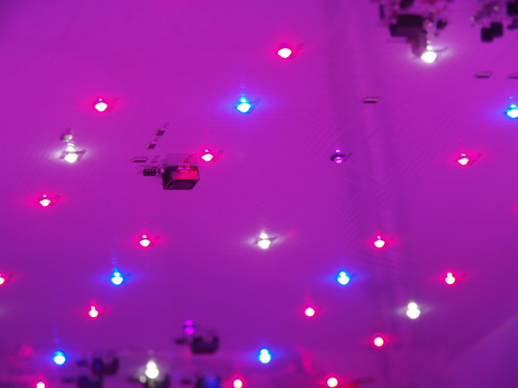 Multiple small LED lights on the red, blue, and normal light spectrums used in vertical farming.