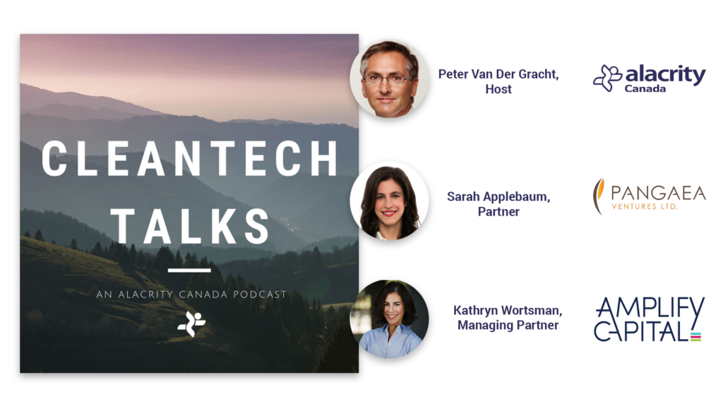 A natural landscape in a square image reads "Cleantech Talks, an Alacrity Canada podcast" and features three photos of impact investors in cleantech.