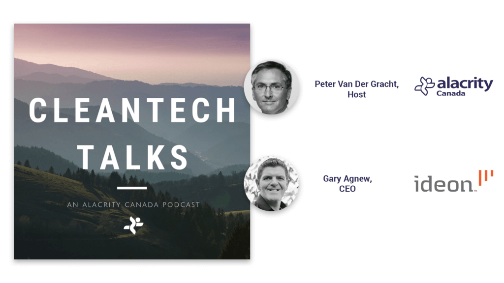 A natural landscape in a square image reads "Cleantech Talks, an Alacrity Canada podcast" and features two photos of the host and guest in this episode.