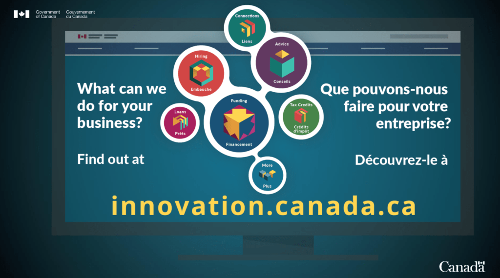 An image showing the innovation.canada.ca website and the various services that Innovation Canada provides to Canadian businesses.