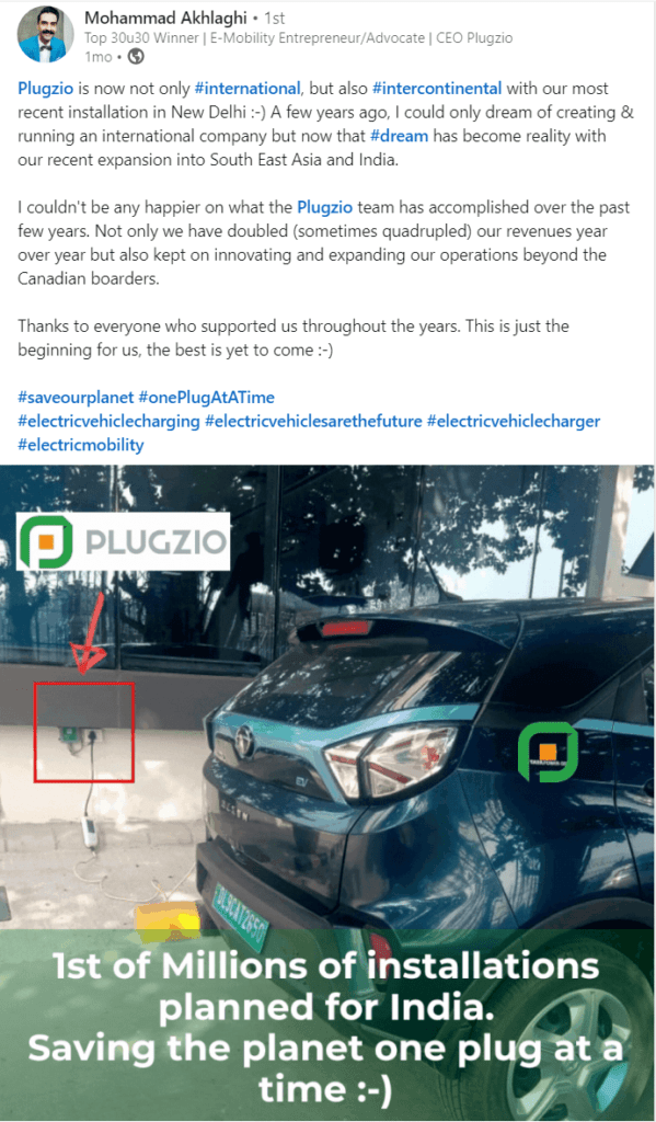 Image of a LinkedIn post from Plugzio CEO, Mohammad Akhlaghi, illustrating the company's entrance into the Indian market, with a photo showing the first plug installation.