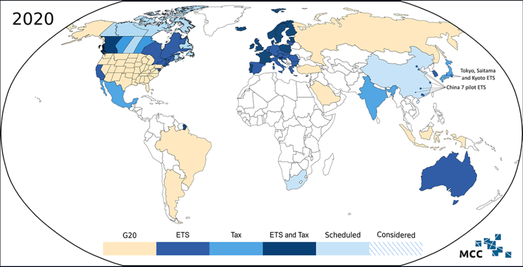 A map of the world showing different areas that have adopted carbon market frameworks or carbon taxes in 2020.
