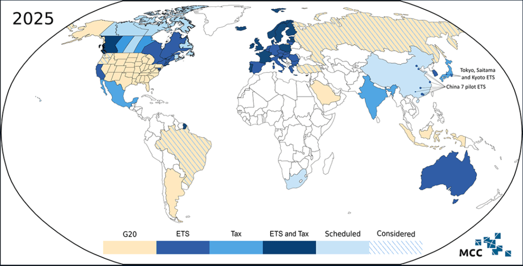 A map of the world showing different areas that are planning to adopt carbon market frameworks or carbon taxes by 2025.