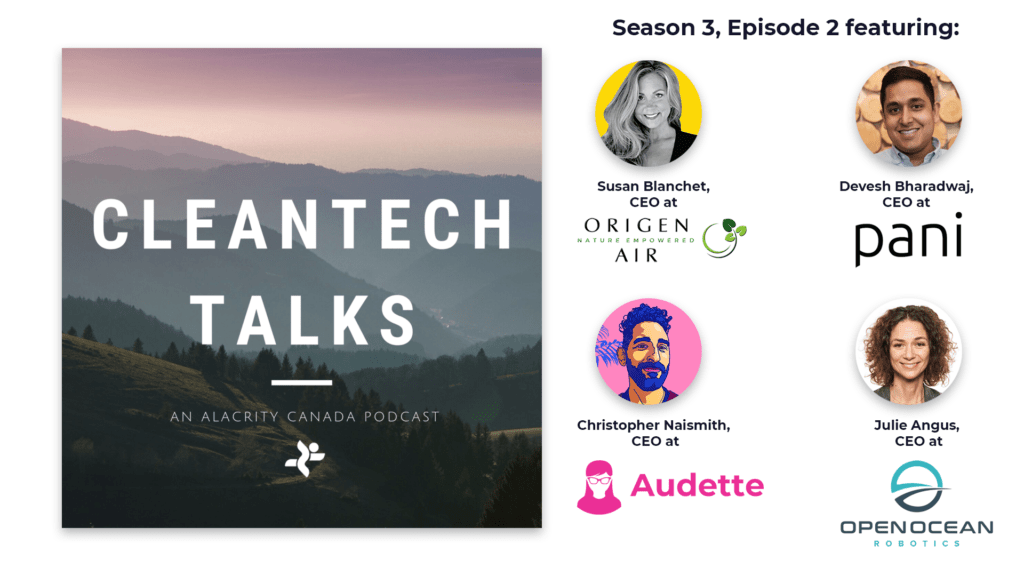 A photo of rolling hills covered with trees with the text "Cleantech Talks, an Alacrity Canada podcast" next to four headshots of the CEOs featured on this episode and their company logos.